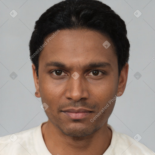 Neutral latino young-adult male with short  black hair and brown eyes