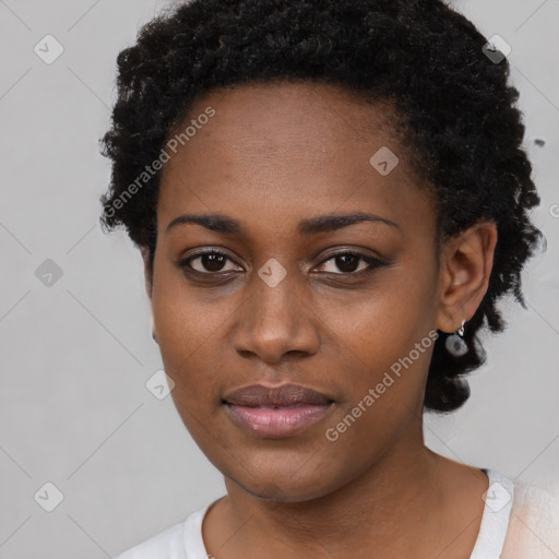 Neutral black young-adult female with short  black hair and brown eyes