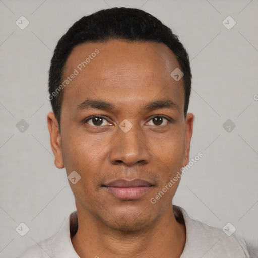 Neutral latino young-adult male with short  black hair and brown eyes