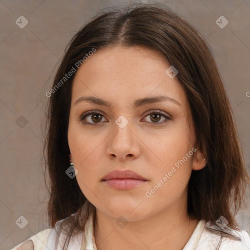 Neutral white young-adult female with medium  brown hair and brown eyes