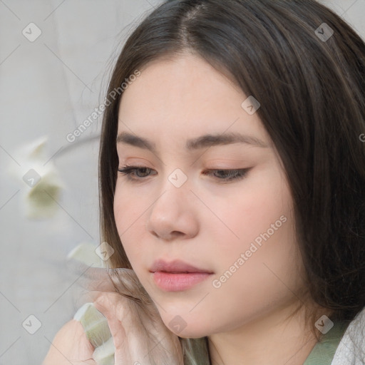 Neutral white young-adult female with medium  brown hair and brown eyes