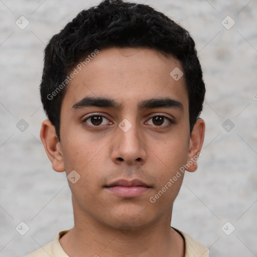 Neutral latino young-adult male with short  black hair and brown eyes