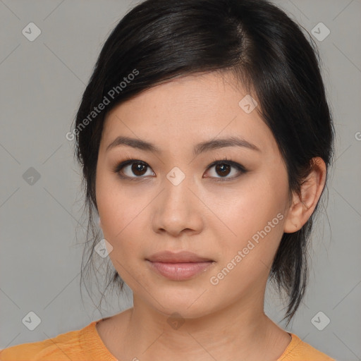 Neutral asian young-adult female with medium  brown hair and brown eyes