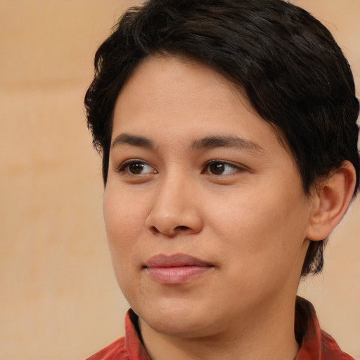 Joyful asian young-adult female with short  brown hair and brown eyes