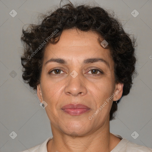 Joyful white adult female with short  brown hair and brown eyes