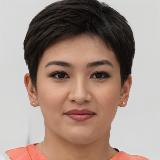 Joyful asian young-adult female with short  brown hair and brown eyes
