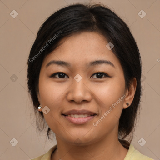 Joyful white young-adult female with medium  brown hair and brown eyes