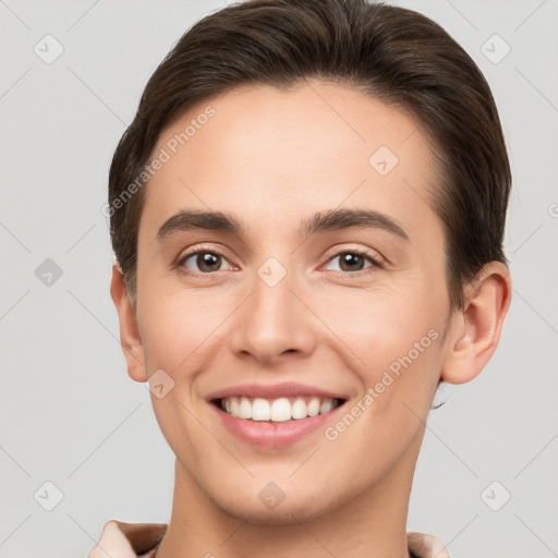 Joyful white young-adult female with short  brown hair and brown eyes