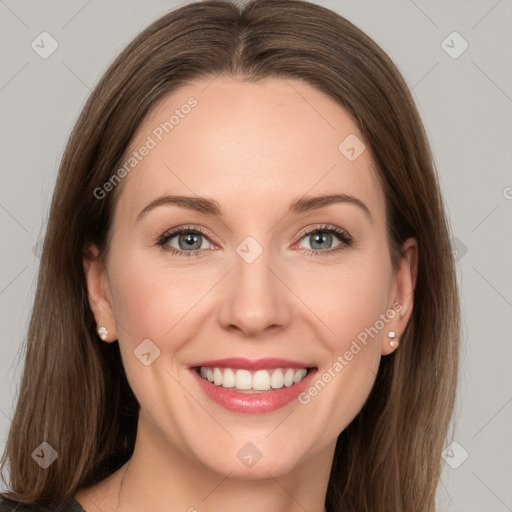 Joyful white young-adult female with long  brown hair and grey eyes