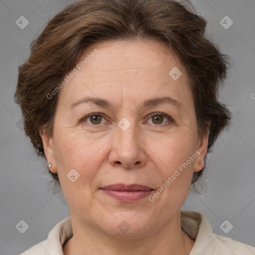 Joyful white adult female with short  brown hair and brown eyes