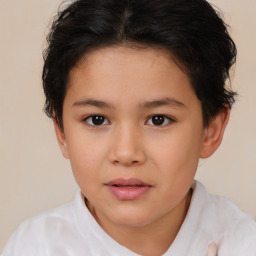 Joyful white child female with short  brown hair and brown eyes