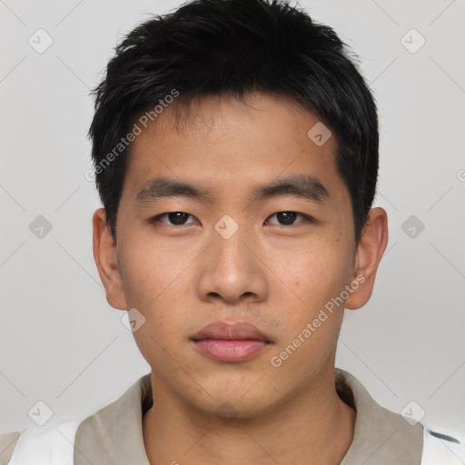 Neutral asian young-adult male with short  black hair and brown eyes