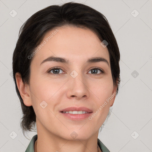 Joyful white young-adult female with medium  brown hair and brown eyes