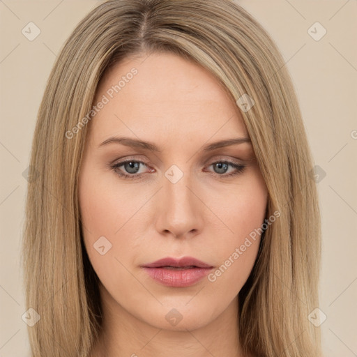 Neutral white young-adult female with long  brown hair and brown eyes