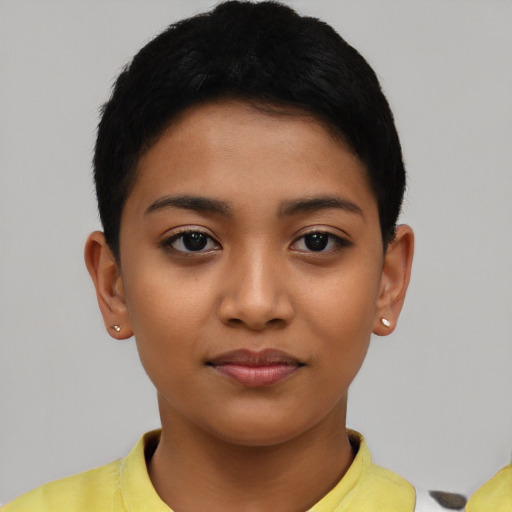 Joyful asian young-adult female with short  black hair and brown eyes