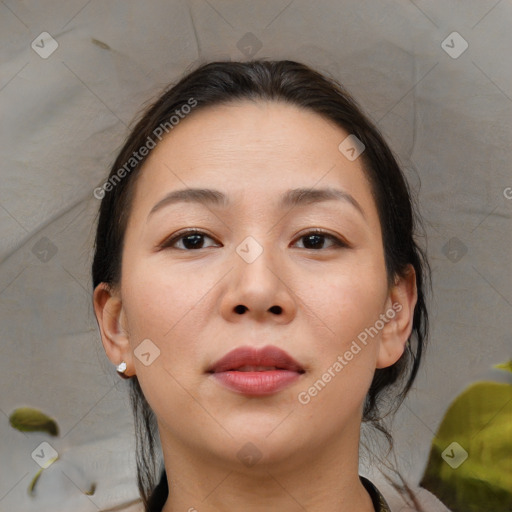 Neutral white young-adult female with medium  brown hair and brown eyes