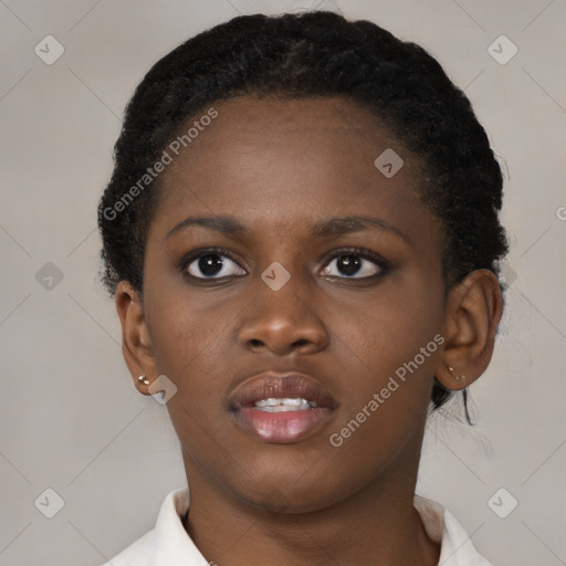 Neutral black young-adult female with short  brown hair and brown eyes