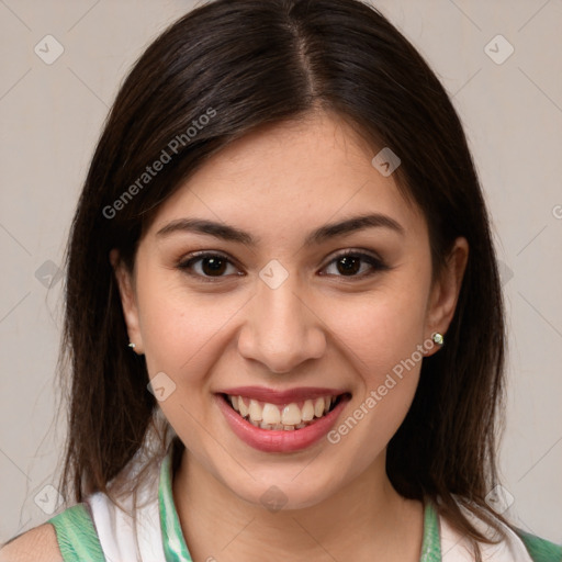 Joyful white young-adult female with medium  brown hair and brown eyes