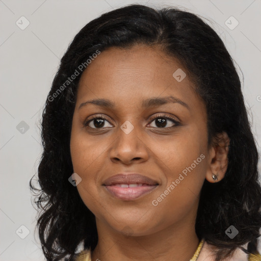 Joyful latino young-adult female with long  black hair and brown eyes