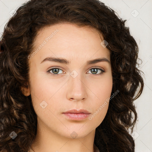 Neutral white young-adult female with long  brown hair and brown eyes