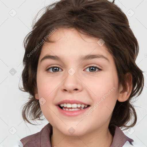 Joyful white child female with medium  brown hair and brown eyes