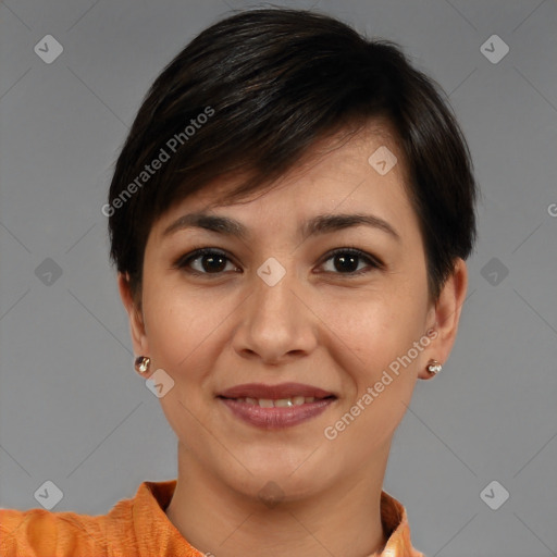 Joyful white young-adult female with short  brown hair and brown eyes