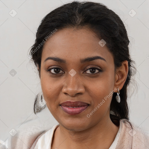 Joyful black young-adult female with medium  brown hair and brown eyes