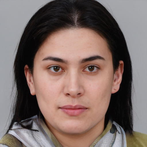 Neutral asian young-adult female with medium  brown hair and brown eyes