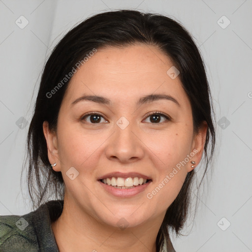 Joyful white young-adult female with medium  brown hair and brown eyes