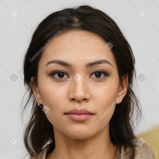 Neutral asian young-adult female with long  brown hair and brown eyes