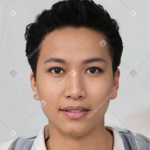 Neutral asian young-adult female with short  black hair and brown eyes