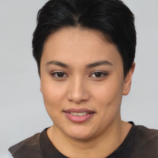 Joyful asian young-adult female with short  brown hair and brown eyes