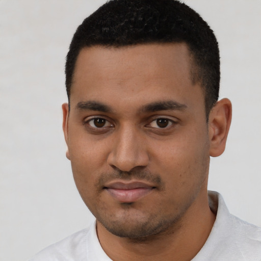 Neutral black young-adult male with short  black hair and brown eyes