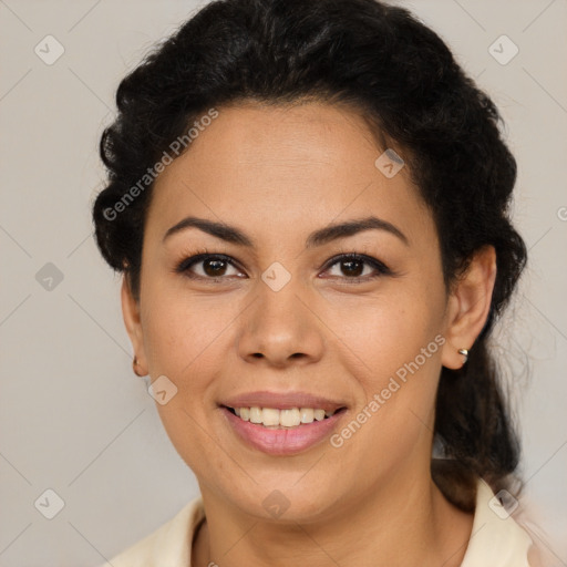 Joyful latino young-adult female with short  brown hair and brown eyes