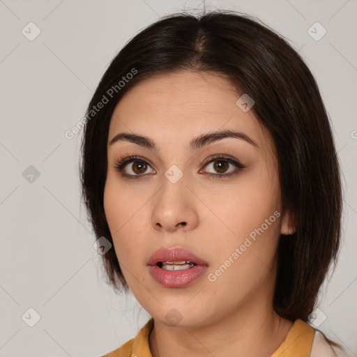 Neutral white young-adult female with medium  brown hair and brown eyes