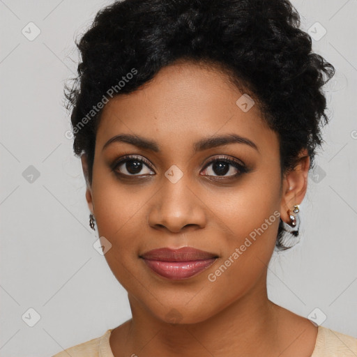 Joyful latino young-adult female with short  black hair and brown eyes