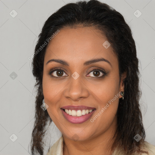 Joyful latino young-adult female with long  brown hair and brown eyes