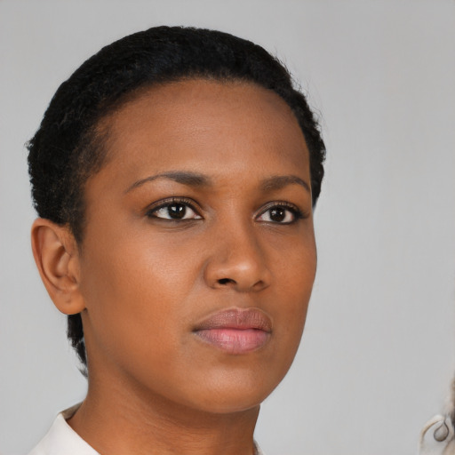 Neutral black young-adult female with short  brown hair and brown eyes
