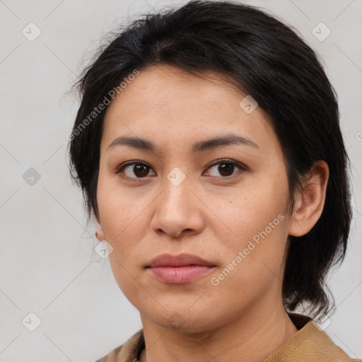 Neutral asian young-adult female with medium  brown hair and brown eyes