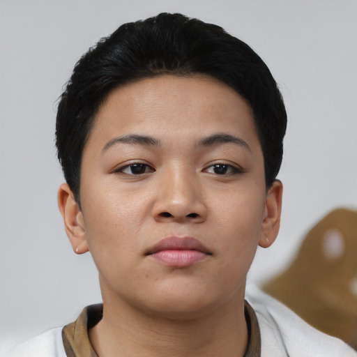 Neutral asian young-adult female with short  black hair and brown eyes