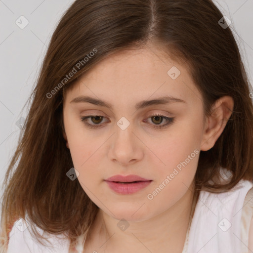 Neutral white young-adult female with medium  brown hair and brown eyes