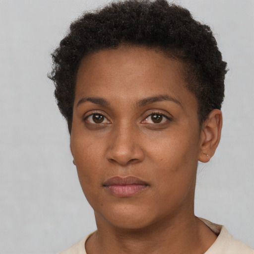 Neutral black young-adult female with short  brown hair and brown eyes