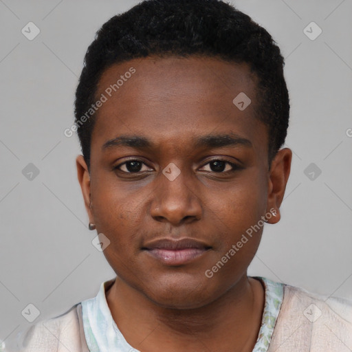 Neutral black young-adult male with short  black hair and brown eyes