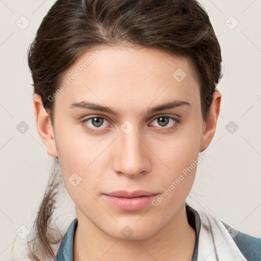 Neutral white young-adult female with medium  brown hair and grey eyes