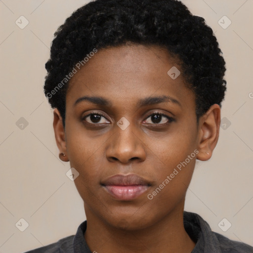 Neutral black young-adult female with short  black hair and brown eyes