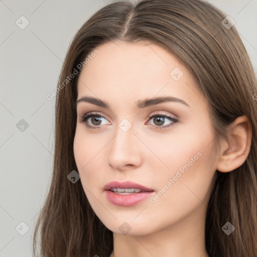 Neutral white young-adult female with long  brown hair and brown eyes