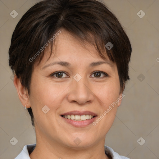 Joyful white adult female with short  brown hair and brown eyes