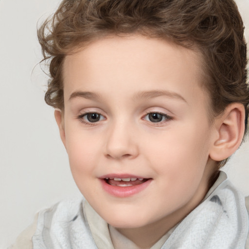 Joyful white child female with short  brown hair and brown eyes