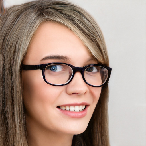 Joyful white young-adult female with long  brown hair and blue eyes