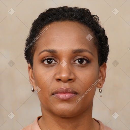 Neutral black young-adult female with short  black hair and brown eyes